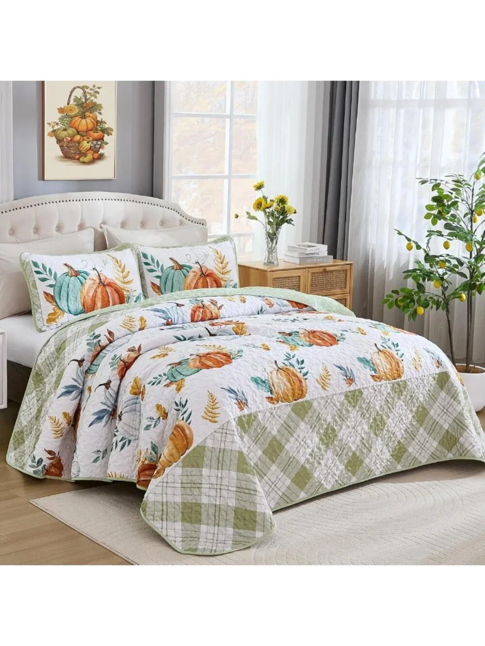 Cozy Fall Quilt Set Queen, Pumpkin Patchwork Bedspread, Sage Green Home Decor